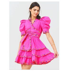 Pink Mini Sundress with Puff Sleeves and V-Neck